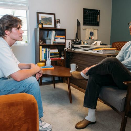 A man and therapist discuss considerations for sober living